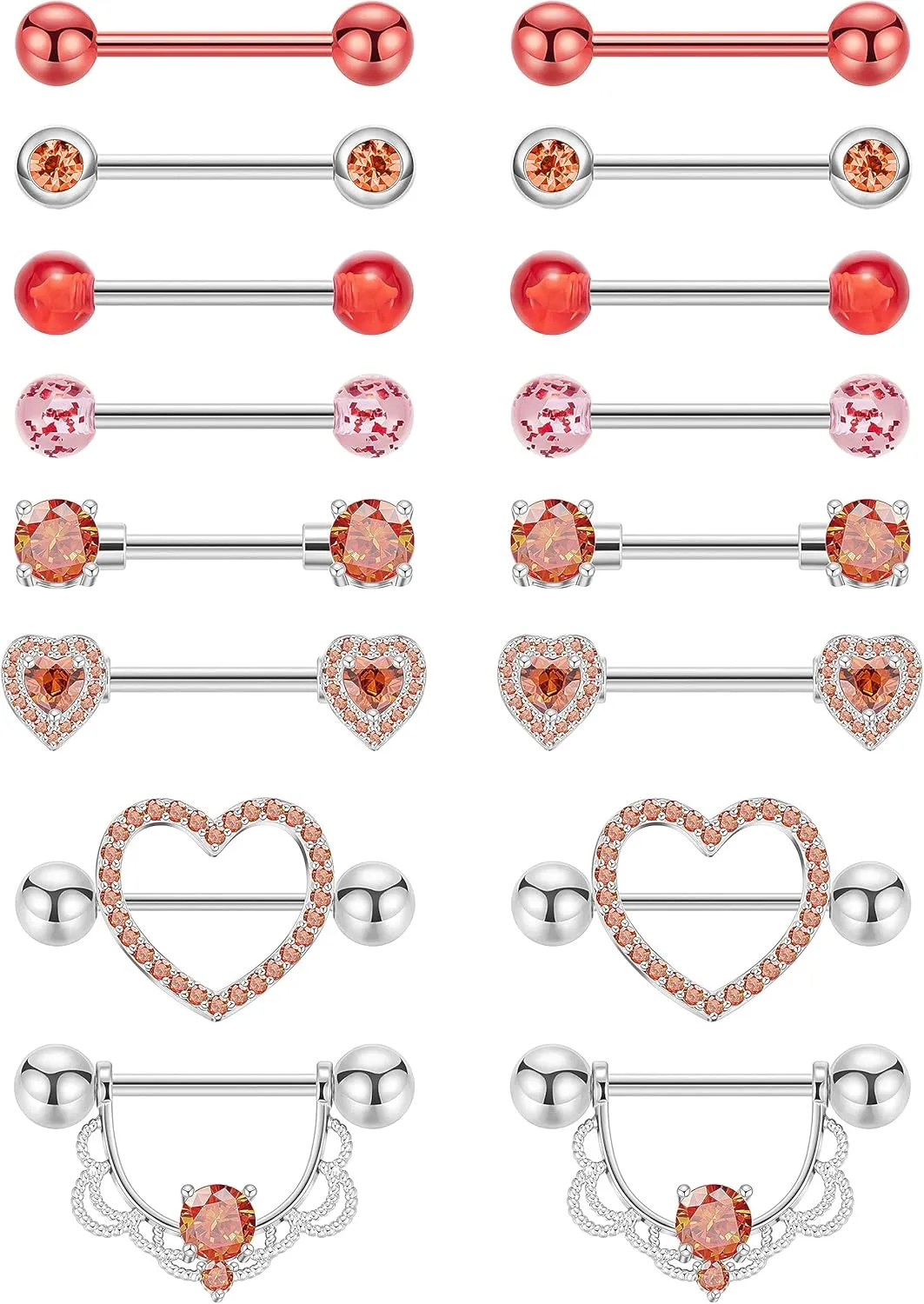 8 Pairs 14G 316L Stainless Steel Nipple Rings for Women Heart-Shape Nipple Rings CZ Barbell Nipplerings Piercing Jewelry