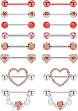 8 Pairs 14G 316L Stainless Steel Nipple Rings for Women Heart-Shape Nipple Rings CZ Barbell Nipplerings Piercing Jewelry