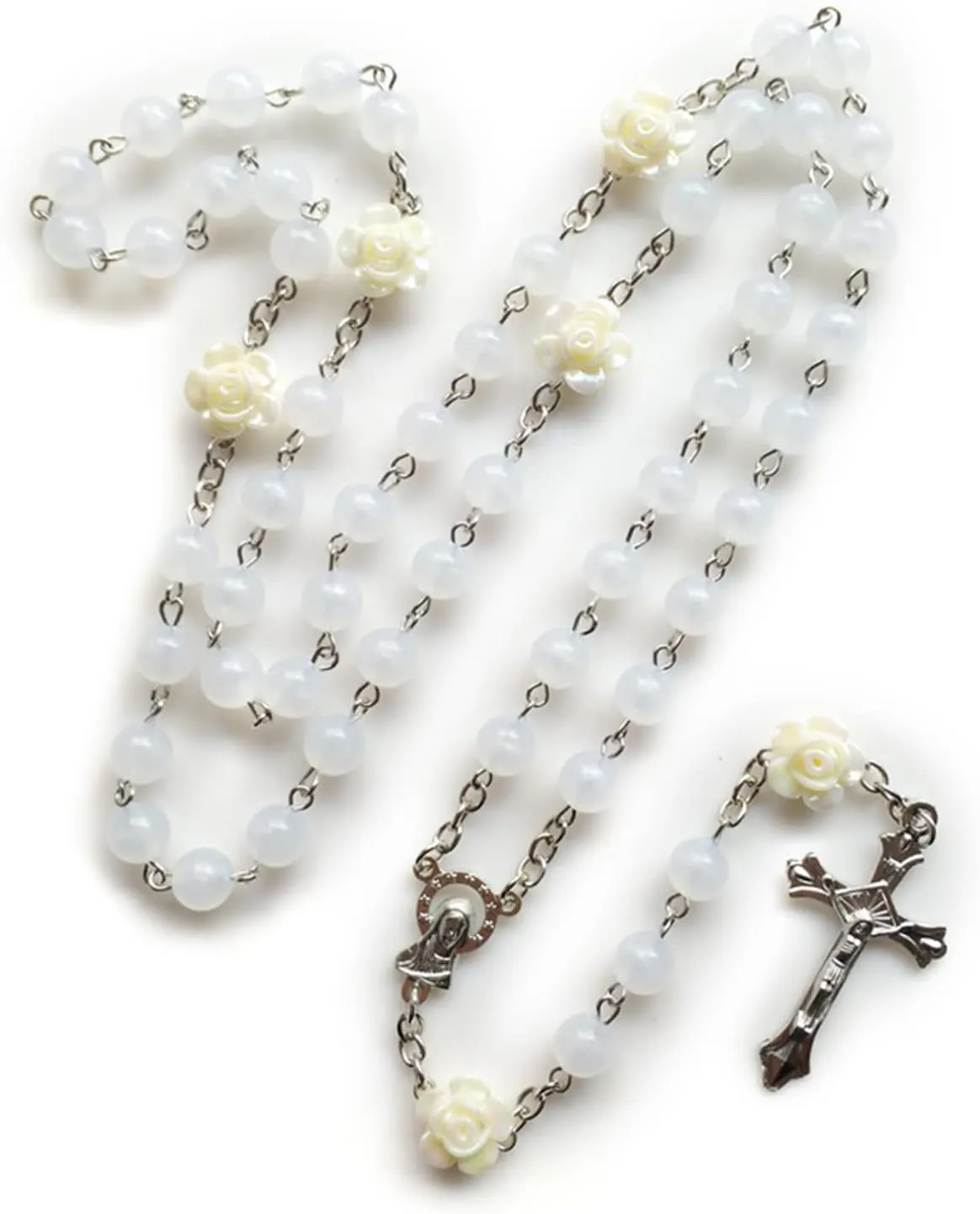 8mm Rosary Beads Flower Luminous Necklace With Crucifix For Cross Pendant Necklaces Glow In Dark Religious Jewelry For Men Women Rosary Necklace