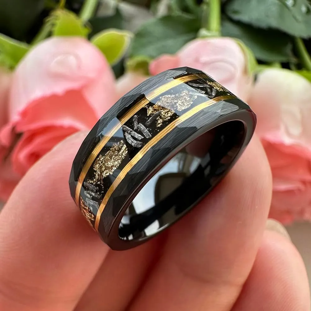 8mm Silver/Black Hammered Tungsten Rings for Men Women Meteorite Chip Gold Foil Inlay Promise Engagement Wedding Band Matte Finish Comfort Fit
