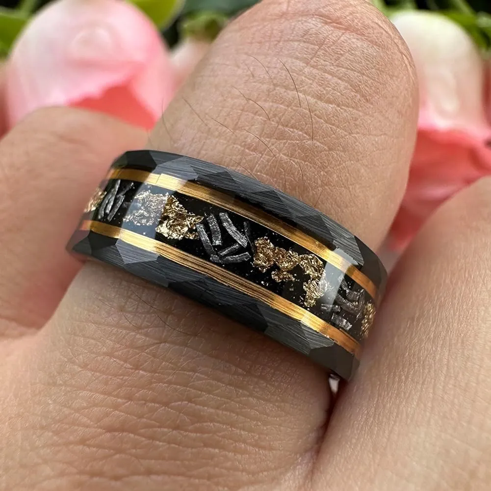8mm Silver/Black Hammered Tungsten Rings for Men Women Meteorite Chip Gold Foil Inlay Promise Engagement Wedding Band Matte Finish Comfort Fit