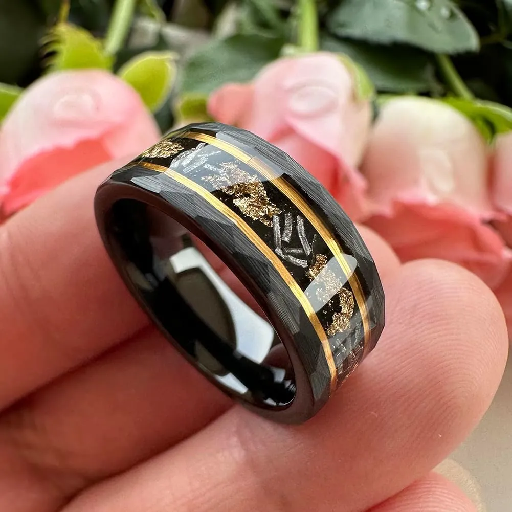 8mm Silver/Black Hammered Tungsten Rings for Men Women Meteorite Chip Gold Foil Inlay Promise Engagement Wedding Band Matte Finish Comfort Fit