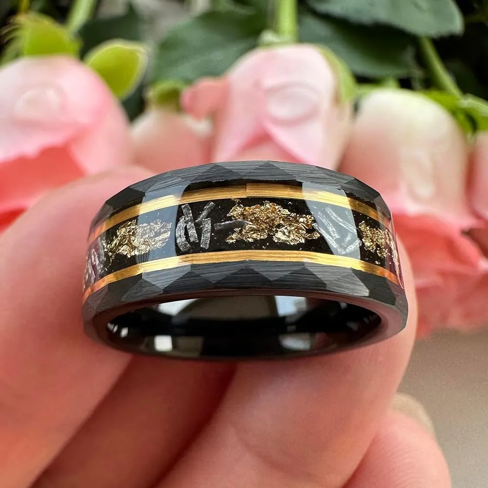 8mm Silver/Black Hammered Tungsten Rings for Men Women Meteorite Chip Gold Foil Inlay Promise Engagement Wedding Band Matte Finish Comfort Fit