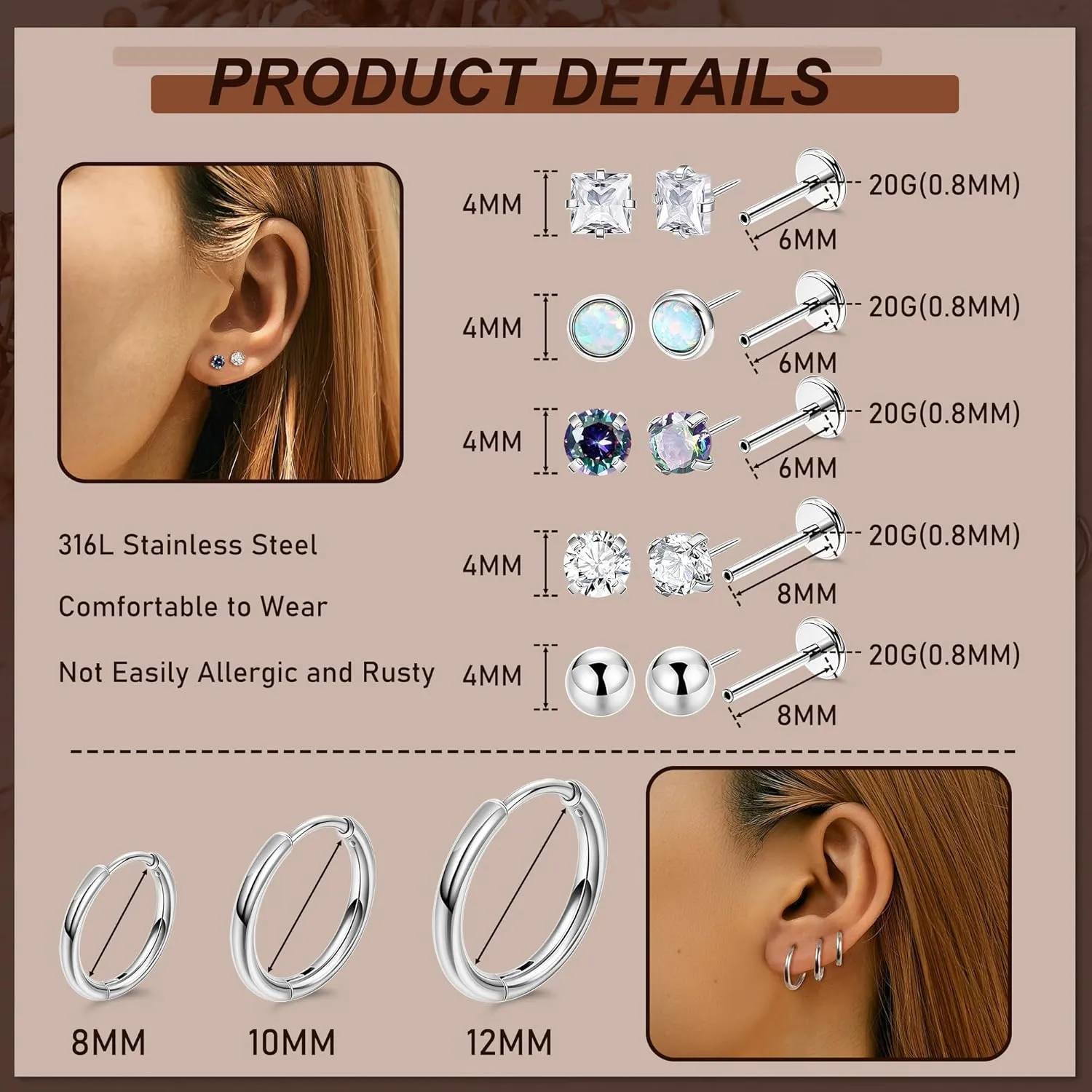 8Pairs 20G 316L Stainless Steel Tiny Threadless Flat Back Stud Earrings for Women Cartilage Stud Hoop Earrings Hypoallergenic CZ Opal Ball Small Helix Cartilage Huggie Hoop Earrings for Multiple Piercing