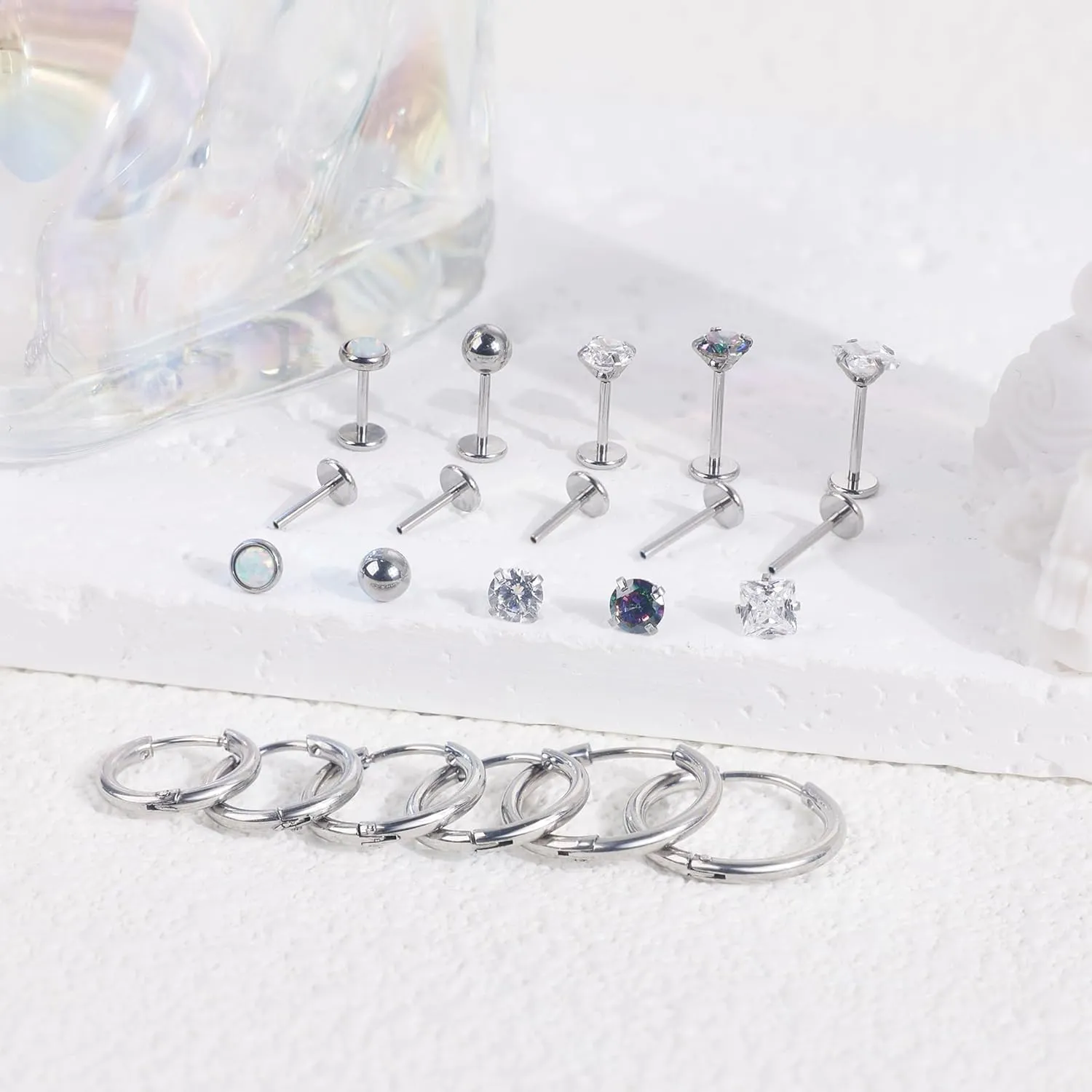 8Pairs 20G 316L Stainless Steel Tiny Threadless Flat Back Stud Earrings for Women Cartilage Stud Hoop Earrings Hypoallergenic CZ Opal Ball Small Helix Cartilage Huggie Hoop Earrings for Multiple Piercing
