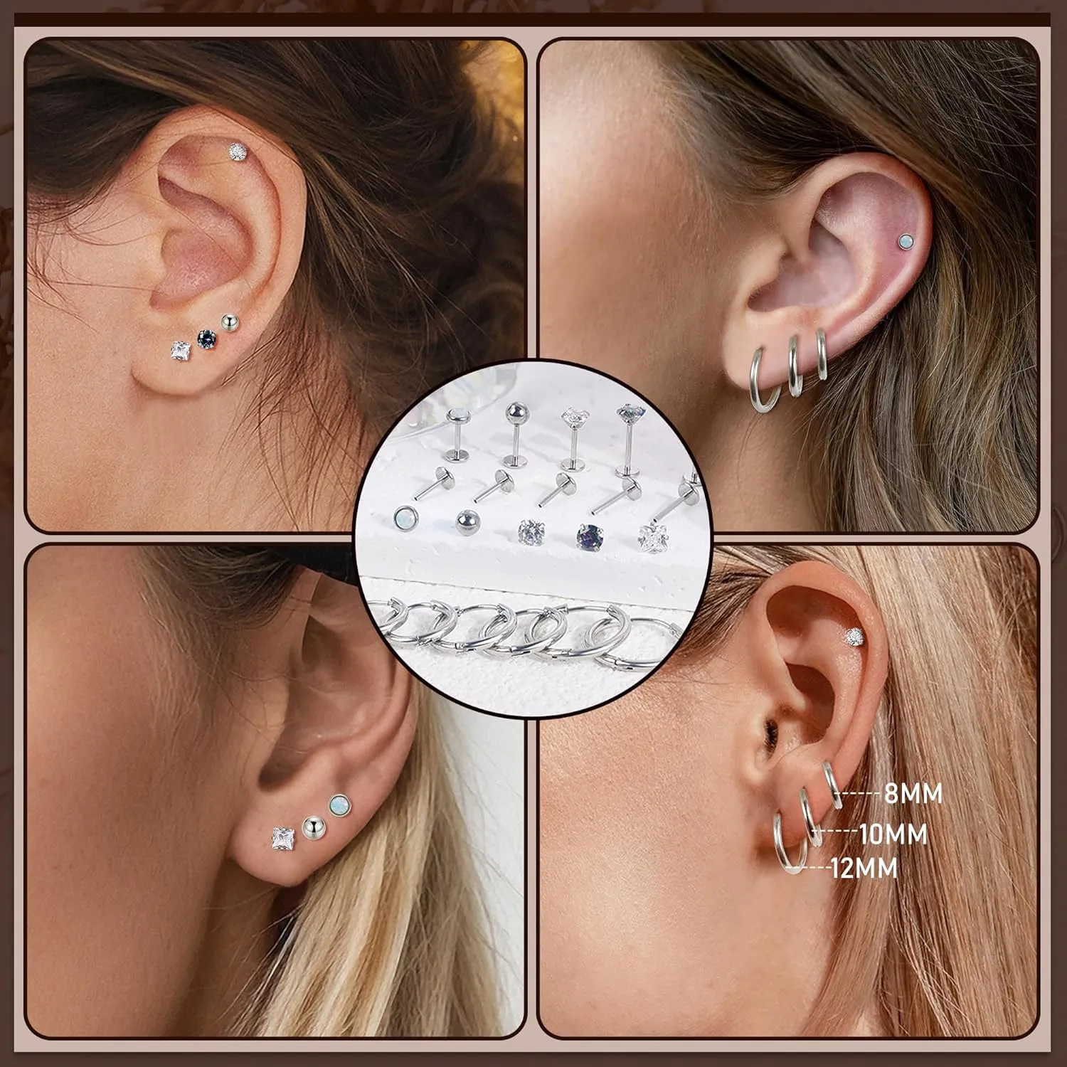 8Pairs 20G 316L Stainless Steel Tiny Threadless Flat Back Stud Earrings for Women Cartilage Stud Hoop Earrings Hypoallergenic CZ Opal Ball Small Helix Cartilage Huggie Hoop Earrings for Multiple Piercing