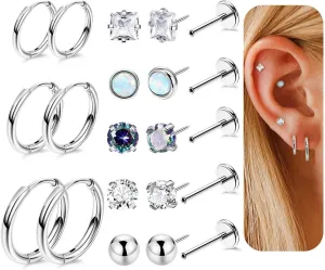 8Pairs 20G 316L Stainless Steel Tiny Threadless Flat Back Stud Earrings for Women Cartilage Stud Hoop Earrings Hypoallergenic CZ Opal Ball Small Helix Cartilage Huggie Hoop Earrings for Multiple Piercing