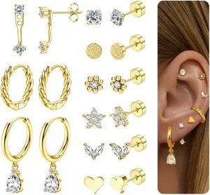 9 Pairs Flat Back Stud Earrings for Women Stainless Steel Helix Cartilage Stacks Hoop Stud Earring Sets for Multiple Piercing 18K Gold Plated Flat Back Earrings