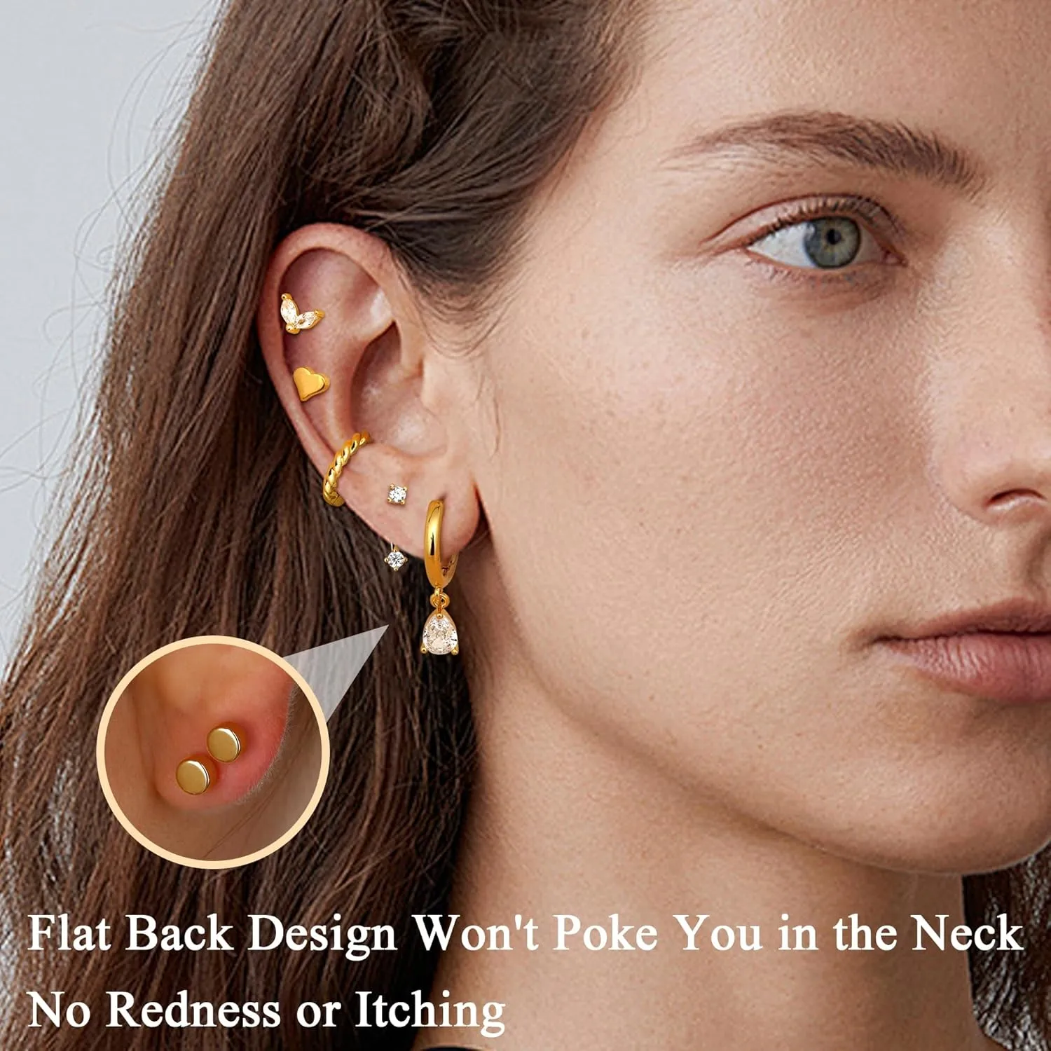 9 Pairs Flat Back Stud Earrings for Women Stainless Steel Helix Cartilage Stacks Hoop Stud Earring Sets for Multiple Piercing 18K Gold Plated Flat Back Earrings