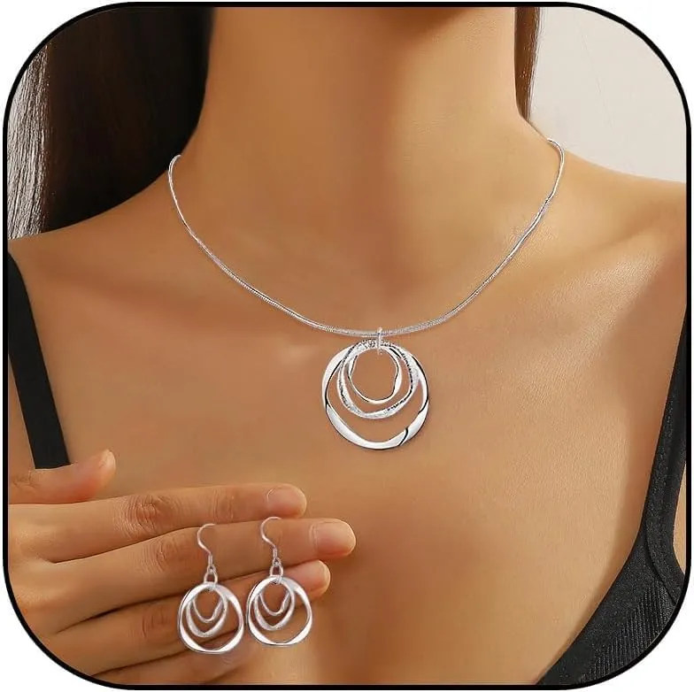 925 Plated Silver 3 Hoop Earrings and Necklace Set Round Drop Earrings Dainty Circles Silver Pendant Necklace for Women Hypoallergenic Jewelry Set