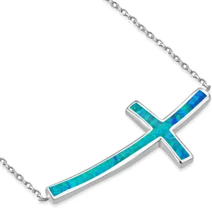 925 Sterling Silver Blue Simulated Opal Curved Sideways Cross Pendant Necklace