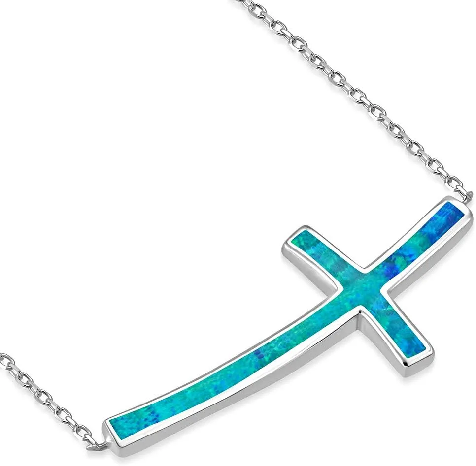 925 Sterling Silver Blue Simulated Opal Curved Sideways Cross Pendant Necklace