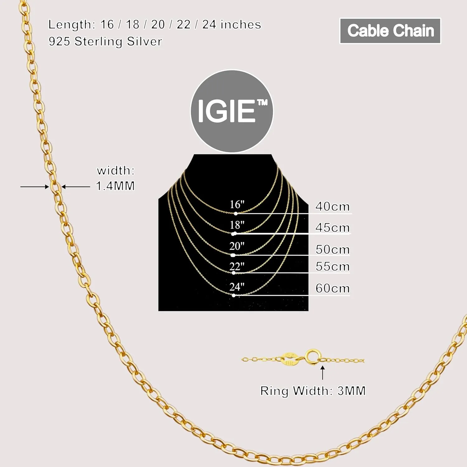 925 Sterling Silver Cable Chain For Women, 18K Gold Plated Necklace, 1.4mm Fine Cable Chain, 16,18,20,22,24 Lengths