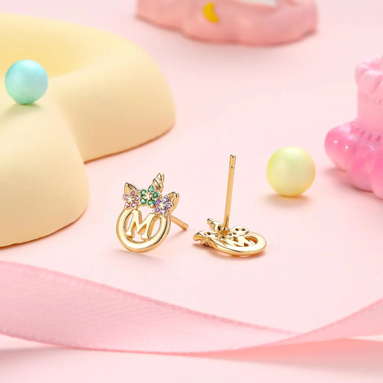 925 Sterling Silver Post Initial Unicorn Earrings - 14K/White Gold Plated, Birthday & Girl's Unicorn Gifts