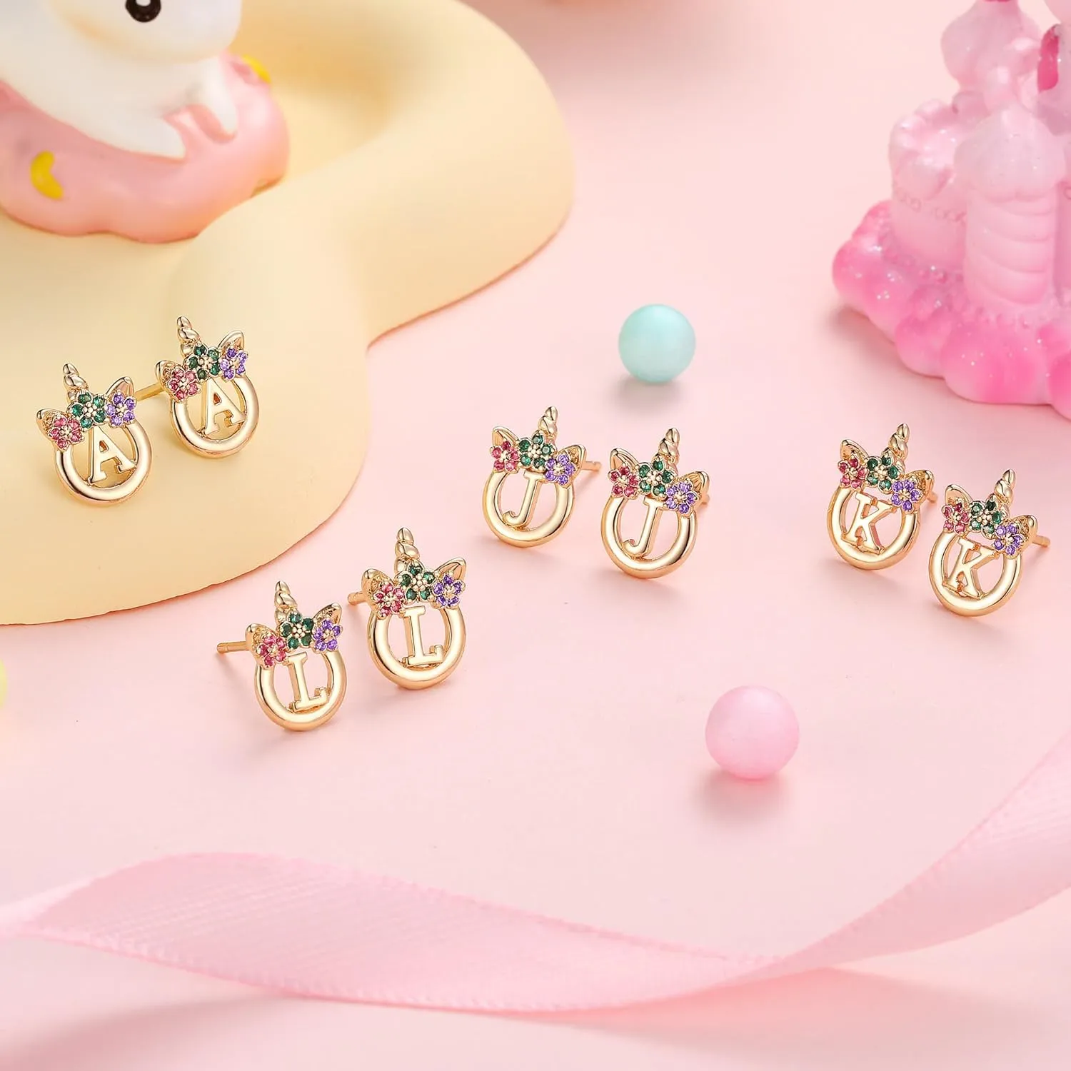 925 Sterling Silver Post Initial Unicorn Earrings - 14K/White Gold Plated, Birthday & Girl's Unicorn Gifts