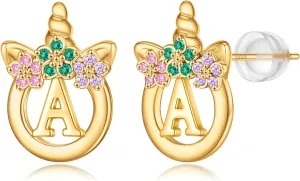925 Sterling Silver Post Initial Unicorn Earrings - 14K/White Gold Plated, Birthday & Girl's Unicorn Gifts
