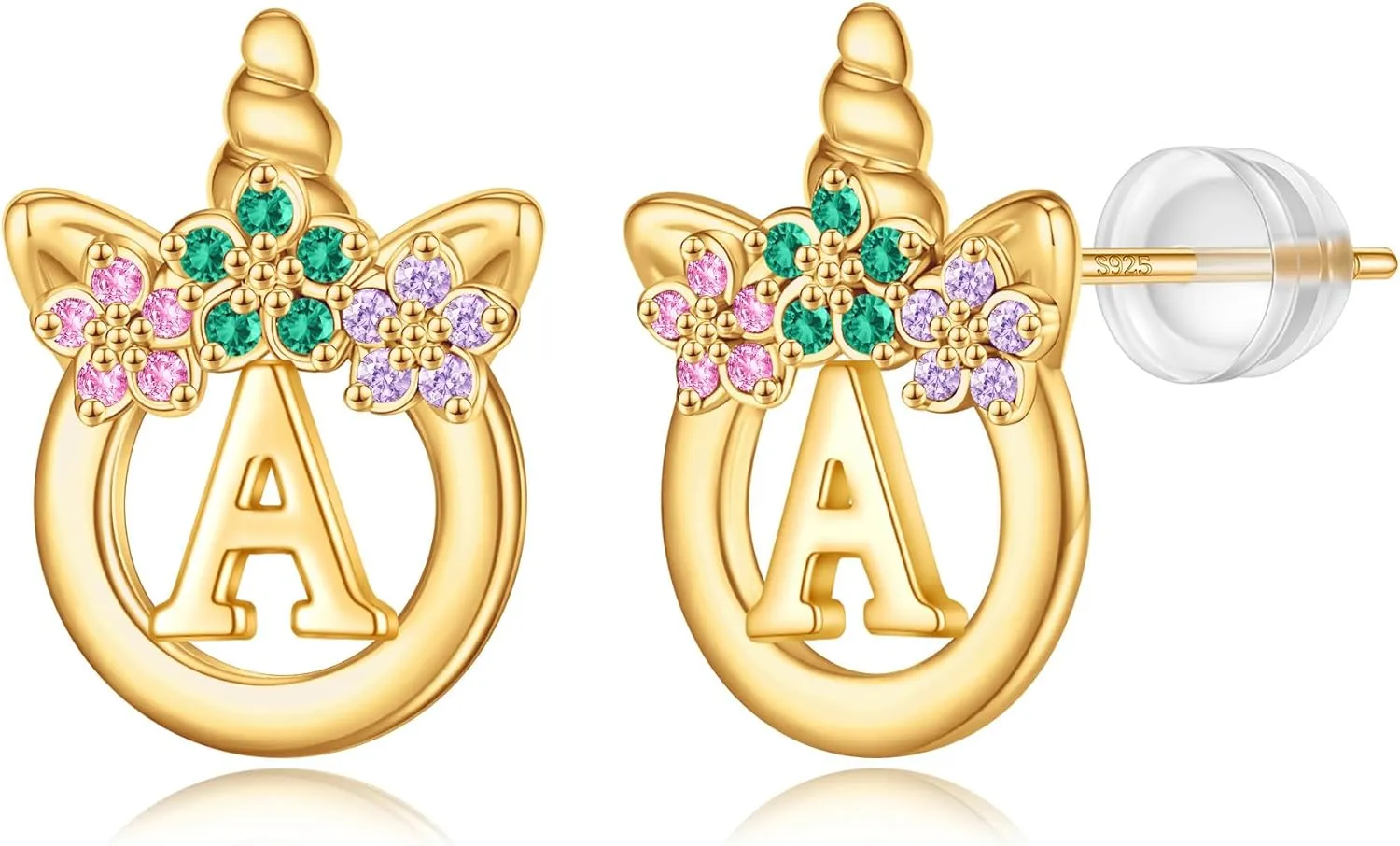 925 Sterling Silver Post Initial Unicorn Earrings - 14K/White Gold Plated, Birthday & Girl's Unicorn Gifts