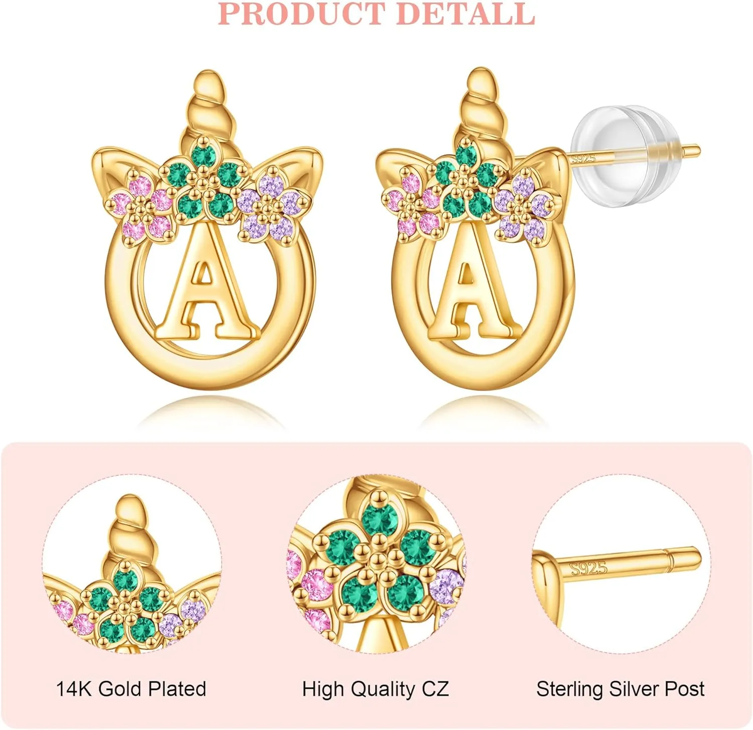 925 Sterling Silver Post Initial Unicorn Earrings - 14K/White Gold Plated, Birthday & Girl's Unicorn Gifts