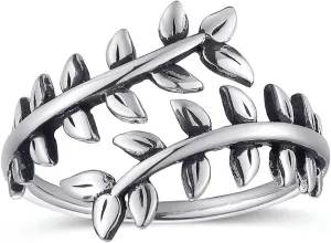 925 Sterling Silver Rings Adjustable Leaf Ring Stackable Rings Vintage Statement Feather Ring for Women & Men