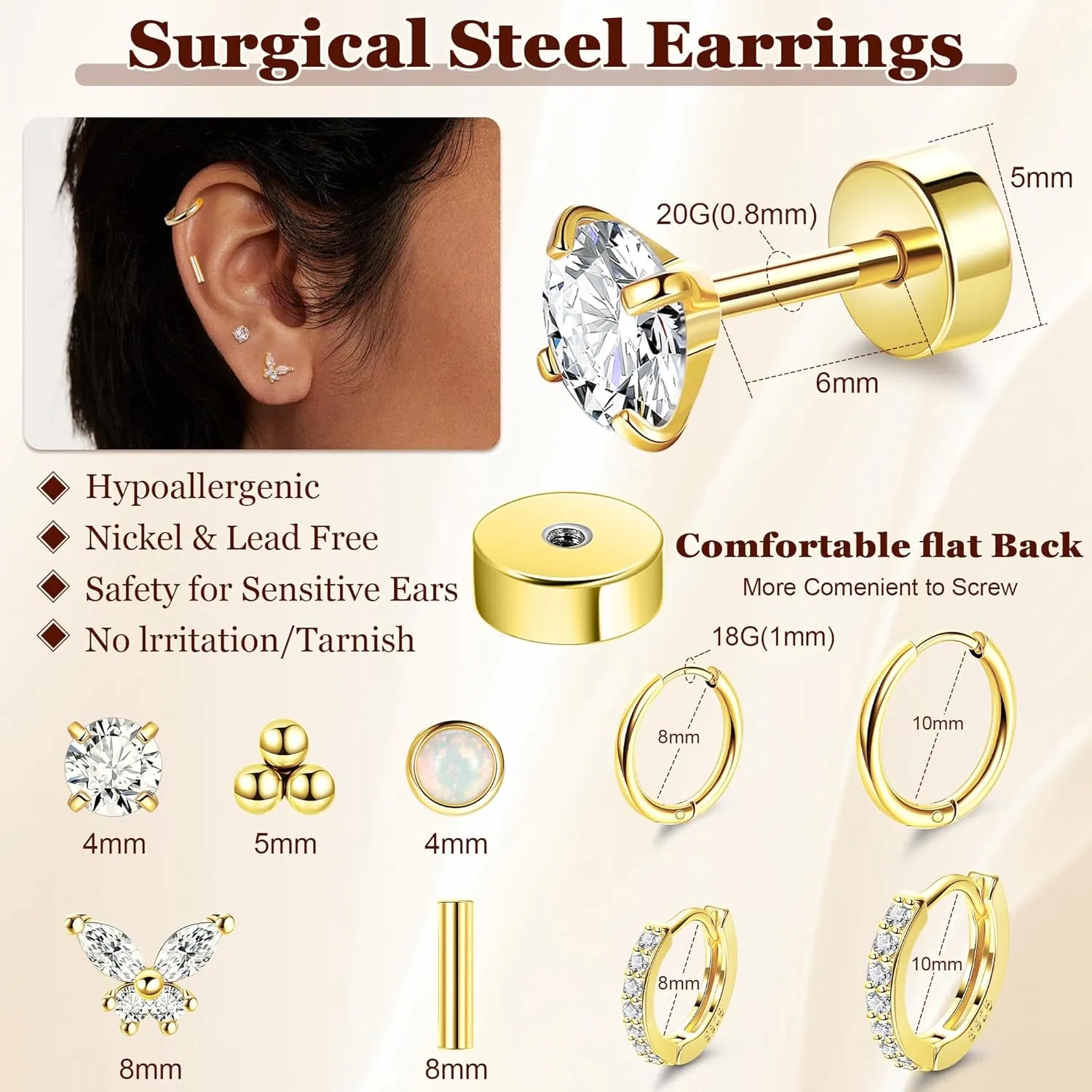 9Pairs 20G Surgical Steel Earrings for Sensitive Ears Hypoallergenic Huggie Hoop Earrings for Women Men Flat Back Earrings CZ Opal Cartilage Helix Earrings for Multiple Piercing