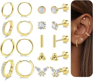 9Pairs 20G Surgical Steel Earrings for Sensitive Ears Hypoallergenic Huggie Hoop Earrings for Women Men Flat Back Earrings CZ Opal Cartilage Helix Earrings for Multiple Piercing