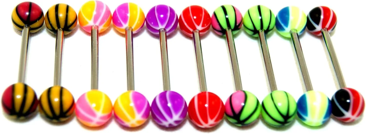 Acrylic Tongue Rings Barbell Stripes Design LOT 10