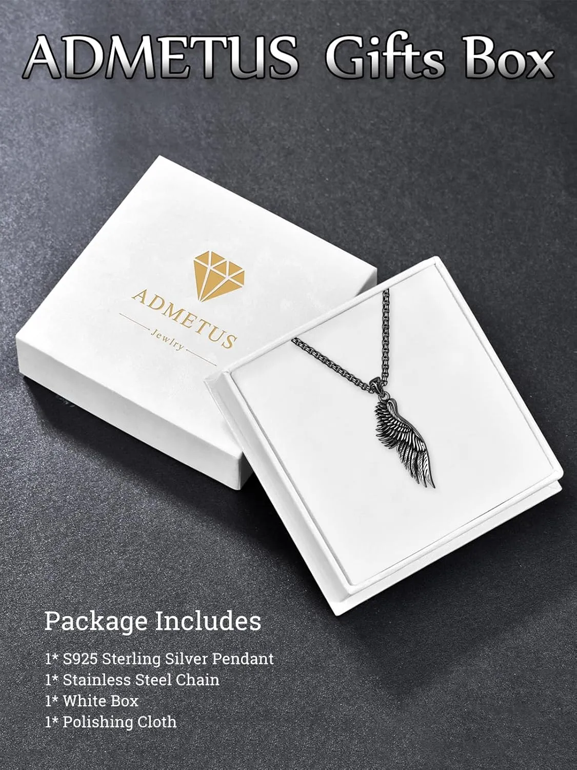 ADMETUS Angel Wing Necklaces 925 Sterling Silver Guardian Angel Single Wing Pendant Jewelry for Men with 22" 2" Rolo Chain