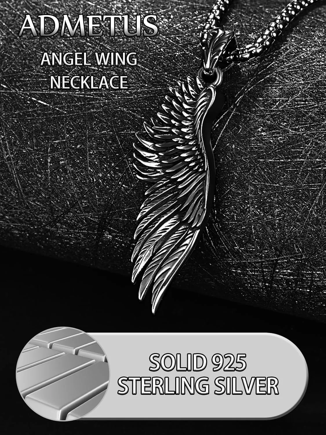 ADMETUS Angel Wing Necklaces 925 Sterling Silver Guardian Angel Single Wing Pendant Jewelry for Men with 22" 2" Rolo Chain