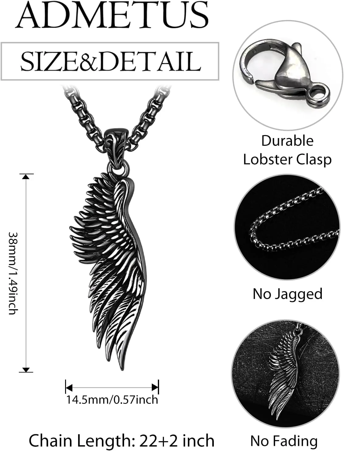 ADMETUS Angel Wing Necklaces 925 Sterling Silver Guardian Angel Single Wing Pendant Jewelry for Men with 22" 2" Rolo Chain