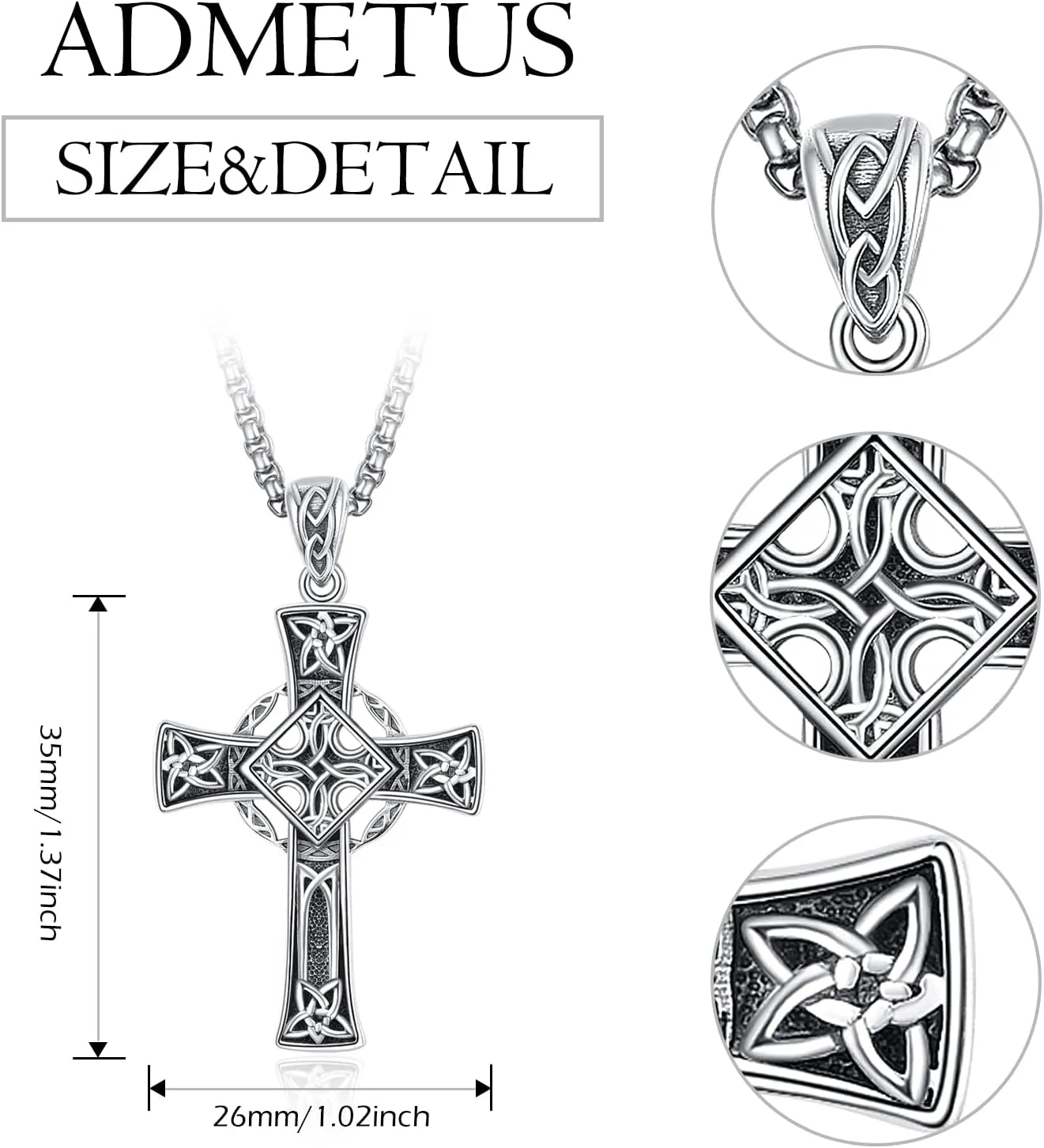 ADMETUS Celtic Cross Necklaces 925 Sterling Silver Irish Cross Pendant Jewelry Celtic Knot Protection Jewelry Gifts for Men with 22" 2" Rolo Chain