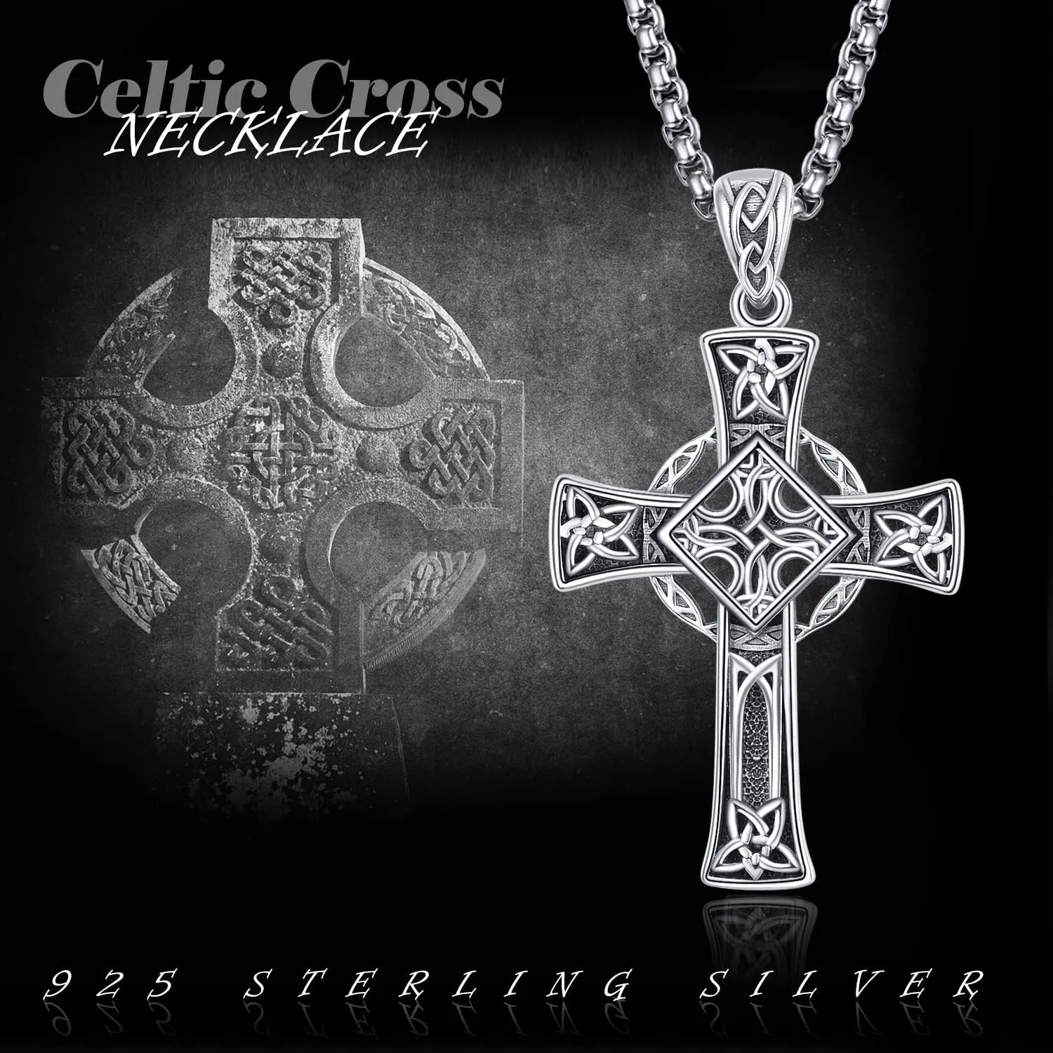 ADMETUS Celtic Cross Necklaces 925 Sterling Silver Irish Cross Pendant Jewelry Celtic Knot Protection Jewelry Gifts for Men with 22" 2" Rolo Chain