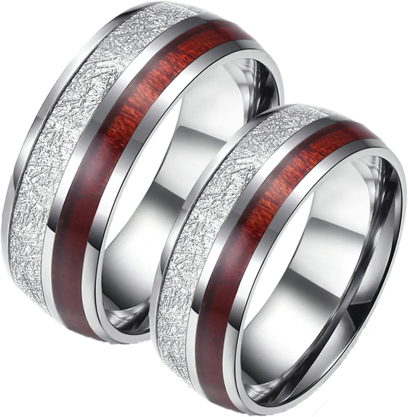 Aienid Engravable Couples Rings Stainless Steel Couple Name Rings 8MM Silver Ring Inlay Wood
