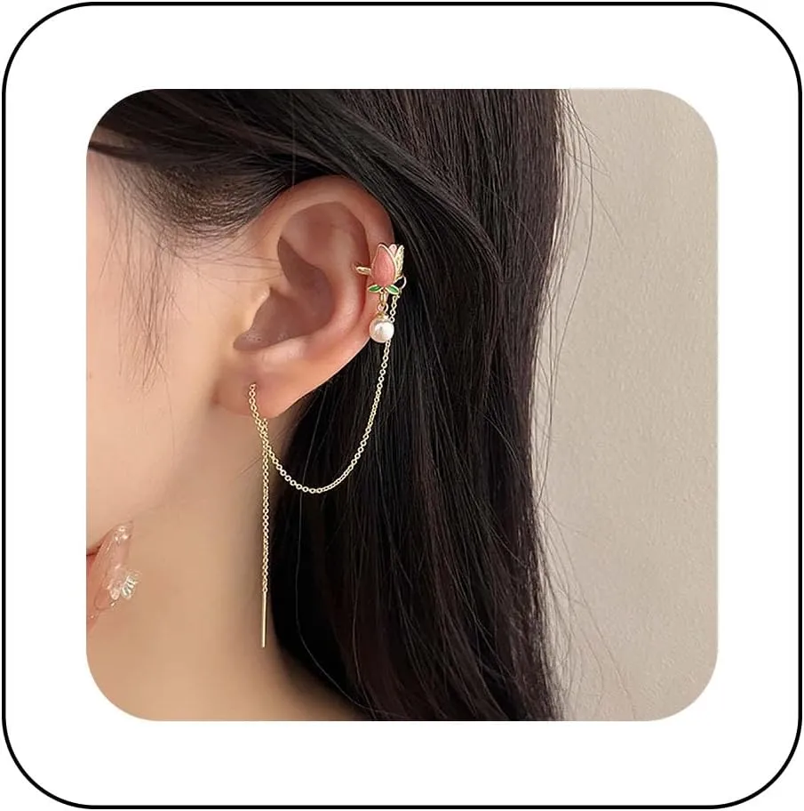 Andelaisi Boho Long Tassel Chain Cuff Earrings Gold Tulip Flower Cartilage Chain Earring Long Chain Tassel Wrap Crawler Earrings Vintage Tassel Chain Threader Earrings Jewelry for Women