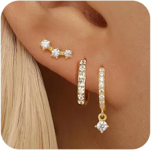 Angelady Gold Hoop Earrings Set for Women, Dainty 14K Gold Plated Huggies Earring, Sterling Silver Hypoallergenic Cartilage Earrings, Trendy Earring Stacks for Multiple Piercing Jewelry Gift(3 Pairs)