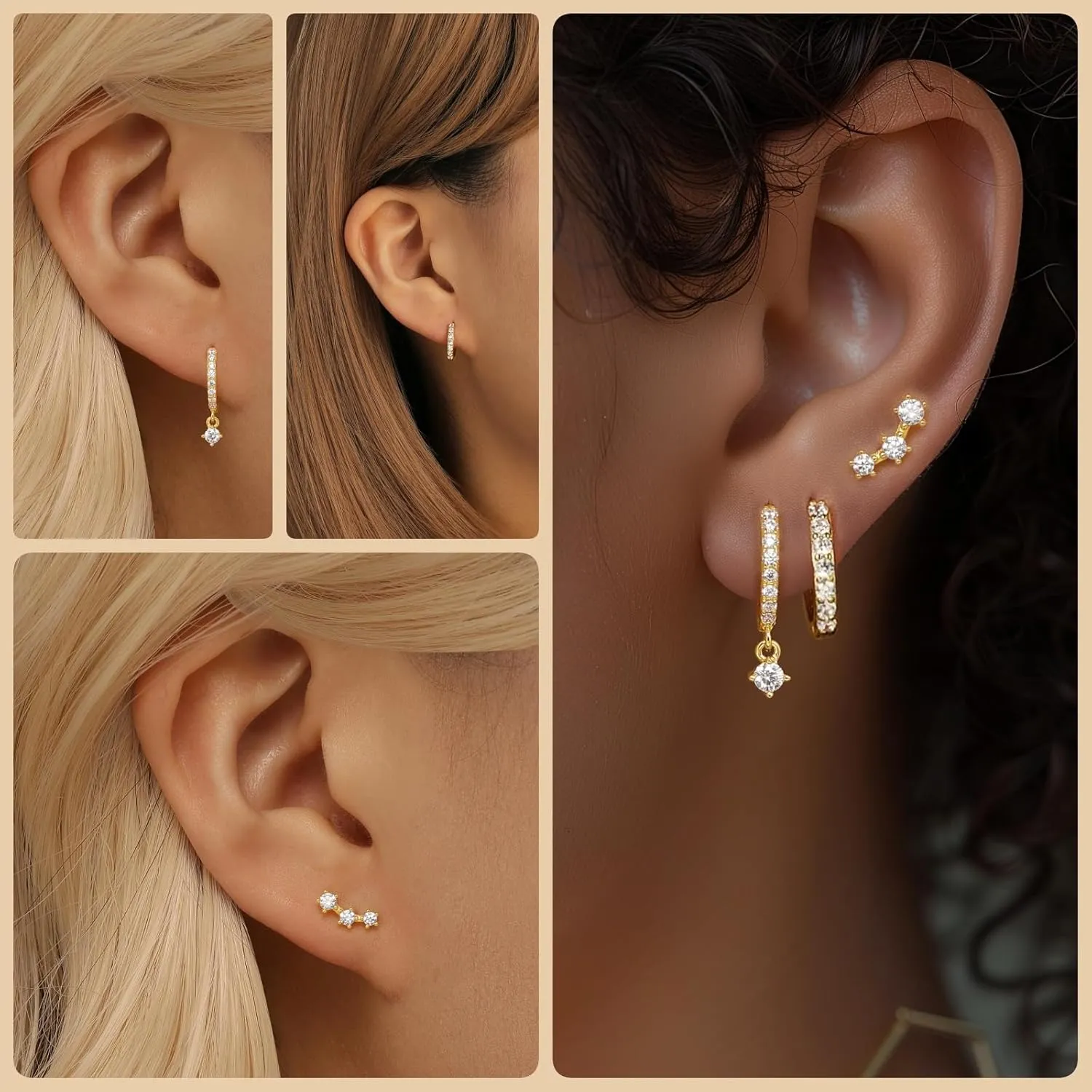 Angelady Gold Hoop Earrings Set for Women, Dainty 14K Gold Plated Huggies Earring, Sterling Silver Hypoallergenic Cartilage Earrings, Trendy Earring Stacks for Multiple Piercing Jewelry Gift(3 Pairs)