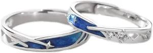 angwang Lover Rings Set,2Pcs Dainty Sea Blue Meteoric Star Lover Couple Rings Matching Set Promise Wedding Moon Star Ring Bands for Him and Her Silver