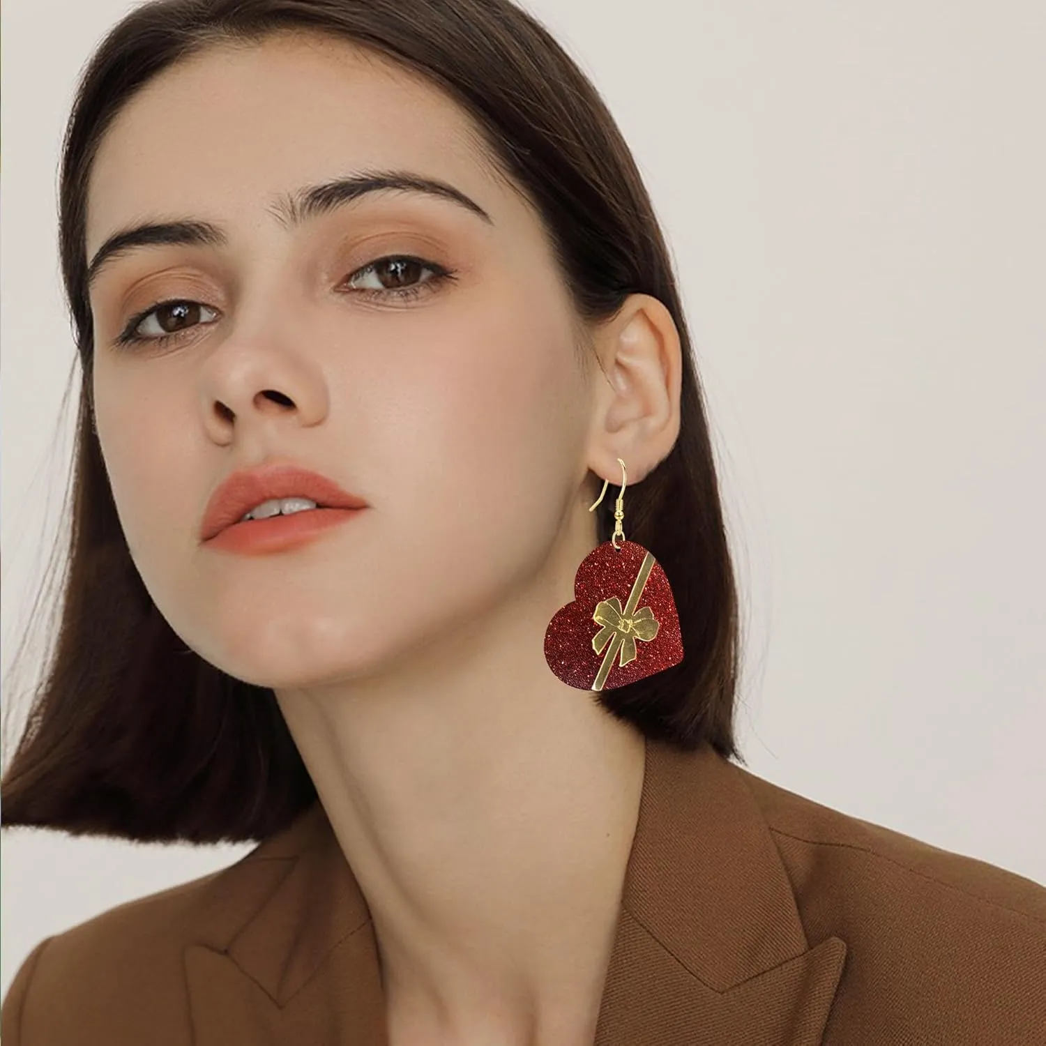 Anmpab Asymmetric Valentine Day Heart Gift Box Earrings for Women Acrylic Sparkle Love Heart Dangle Earrings Jewelry Decoration