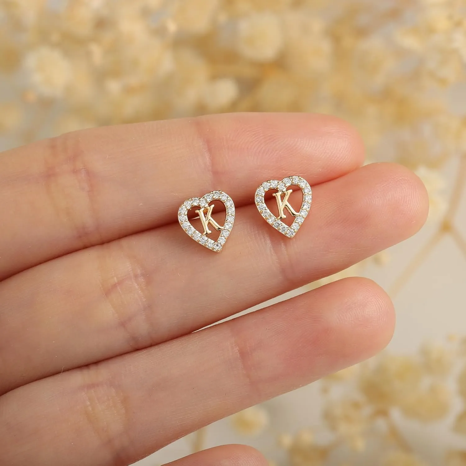 Anoup Heart Initial Stud Earrings - Gifts for Girls, Sterling Silver Post 14K Gold Plated All Over Hypoallergenic | CZ Simulated Diamond Stud Earrings | Birthday Gifts for Kids Toddlers Daughter