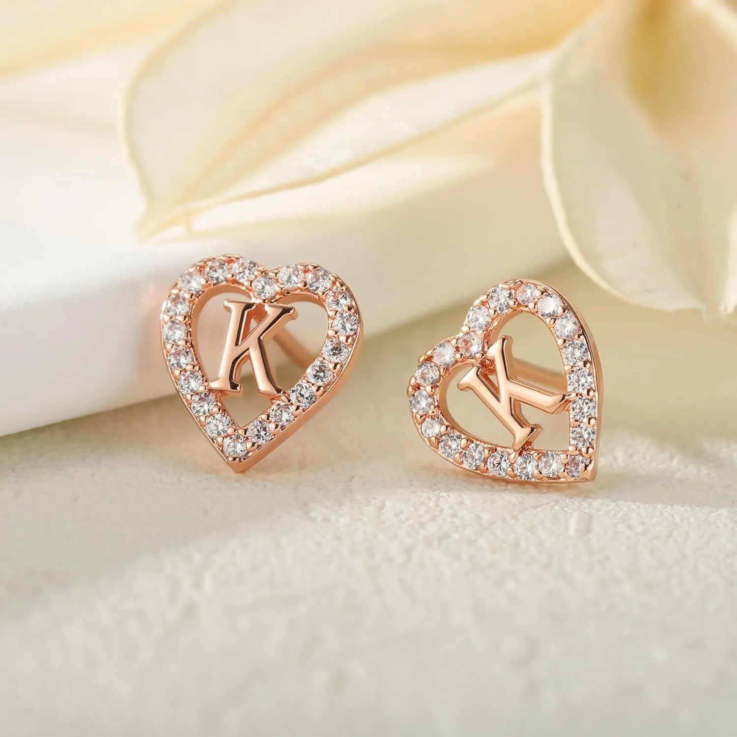 Anoup Heart Initial Stud Earrings - Gifts for Girls, Sterling Silver Post 14K Gold Plated All Over Hypoallergenic | CZ Simulated Diamond Stud Earrings | Birthday Gifts for Kids Toddlers Daughter