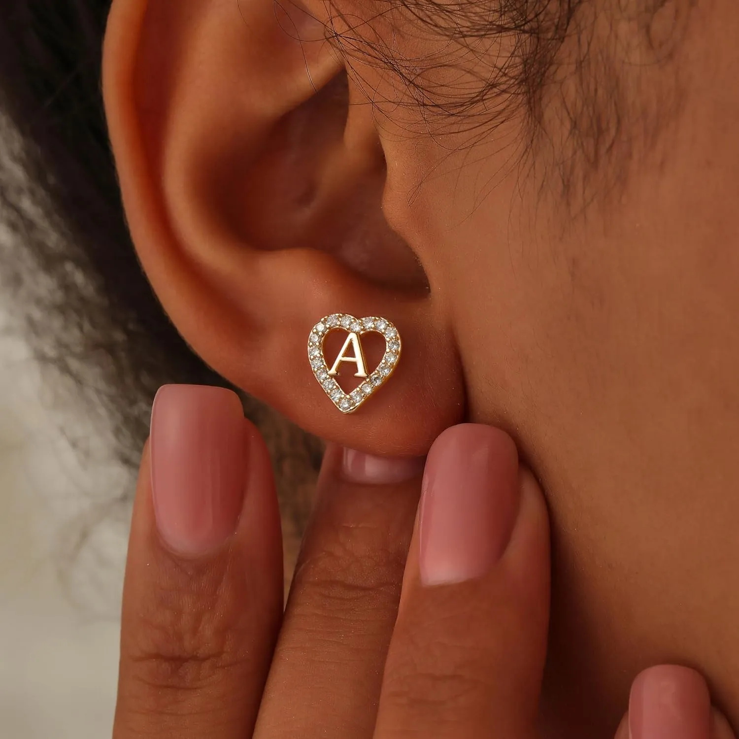 Anoup Heart Initial Stud Earrings - Gifts for Girls, Sterling Silver Post 14K Gold Plated All Over Hypoallergenic | CZ Simulated Diamond Stud Earrings | Birthday Gifts for Kids Toddlers Daughter