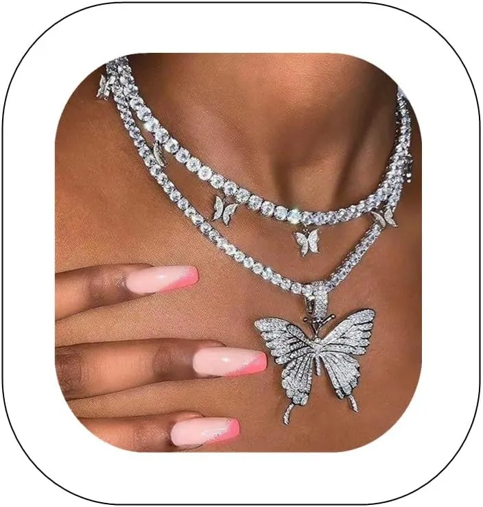 Asphire Sparking Rhinestone Butterfly Pendant Necklace Iced Out Butterfly Tassel Choker Necklaces Set Punk Shinny Tennis Chain Necklace for Women E Girls