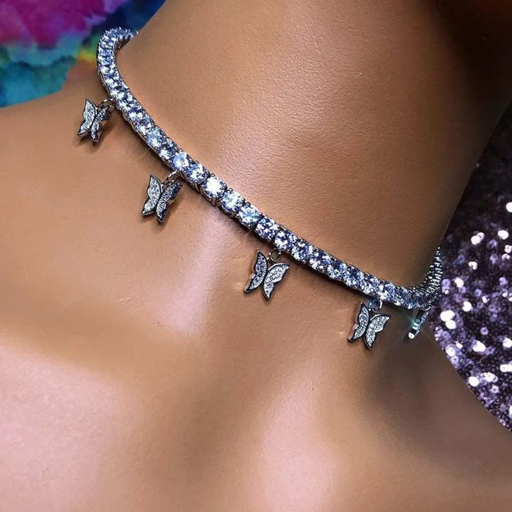 Asphire Sparking Rhinestone Butterfly Pendant Necklace Iced Out Butterfly Tassel Choker Necklaces Set Punk Shinny Tennis Chain Necklace for Women E Girls