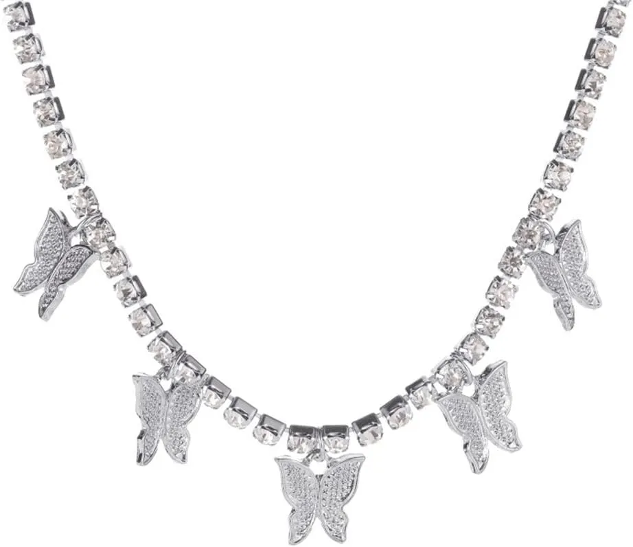 Asphire Sparking Rhinestone Butterfly Pendant Necklace Iced Out Butterfly Tassel Choker Necklaces Set Punk Shinny Tennis Chain Necklace for Women E Girls