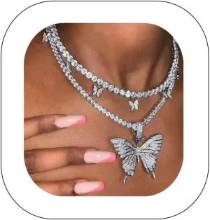 Asphire Sparking Rhinestone Butterfly Pendant Necklace Iced Out Butterfly Tassel Choker Necklaces Set Punk Shinny Tennis Chain Necklace for Women E Girls
