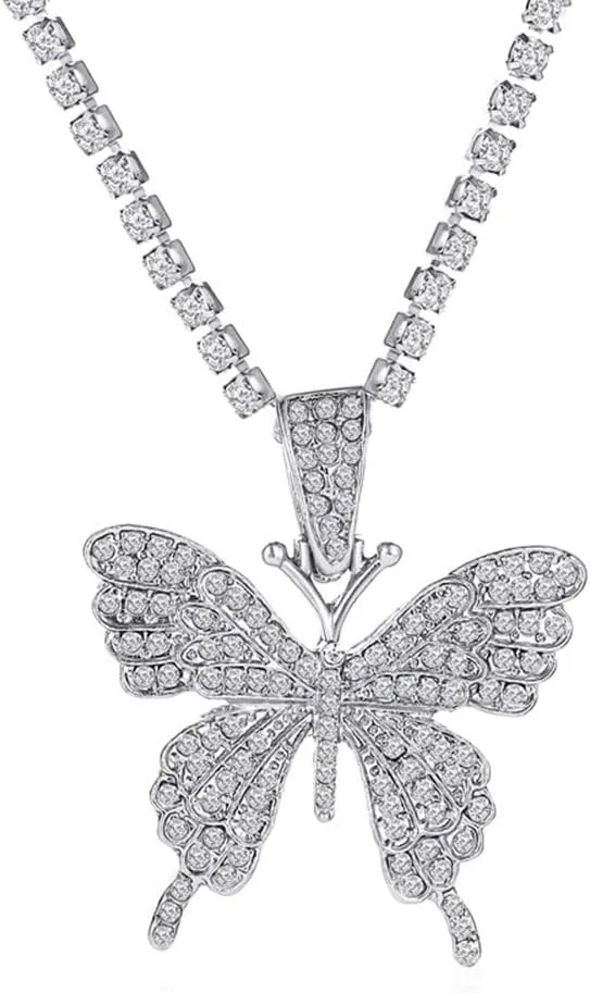 Asphire Sparking Rhinestone Butterfly Pendant Necklace Iced Out Butterfly Tassel Choker Necklaces Set Punk Shinny Tennis Chain Necklace for Women E Girls