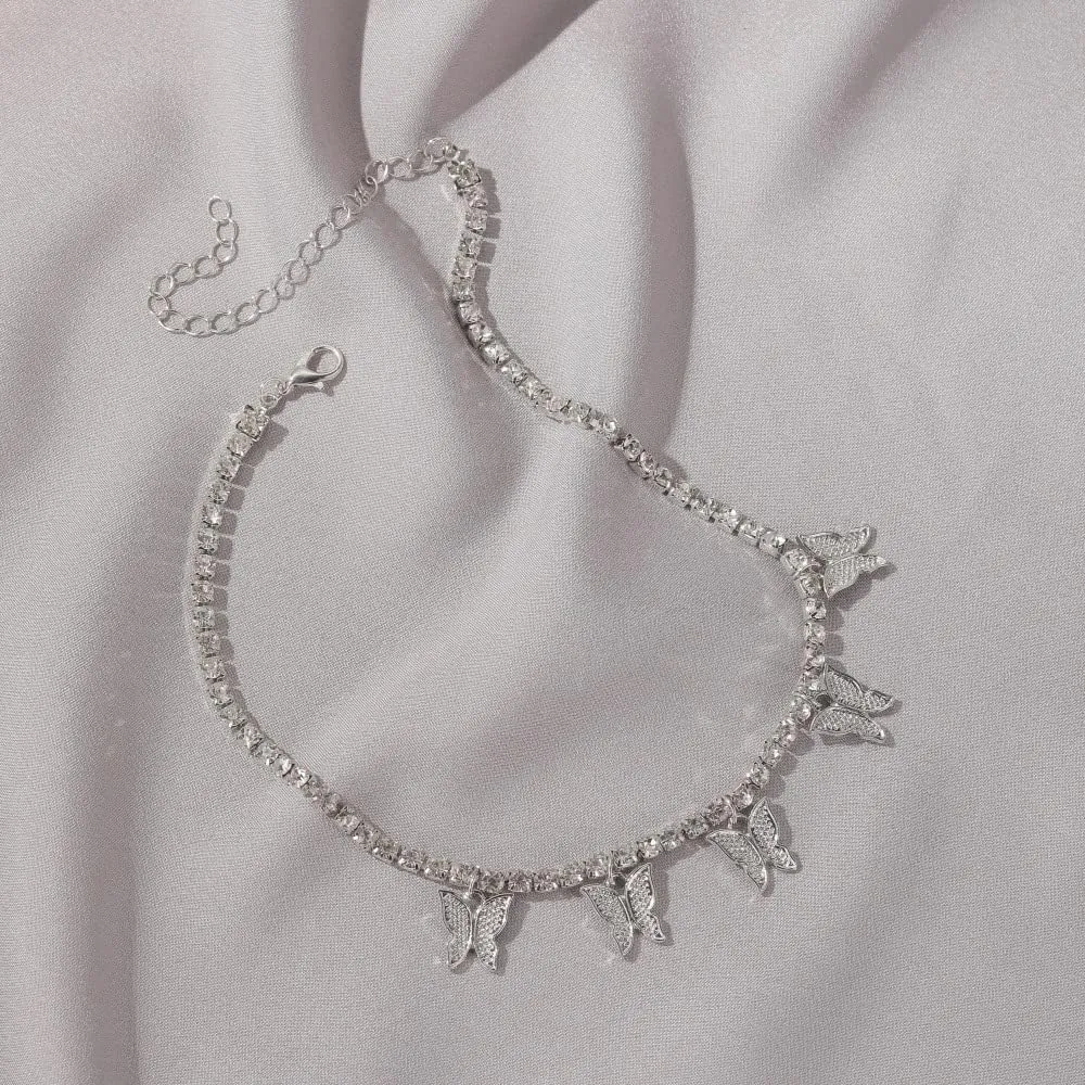 Asphire Sparking Rhinestone Butterfly Pendant Necklace Iced Out Butterfly Tassel Choker Necklaces Set Punk Shinny Tennis Chain Necklace for Women E Girls