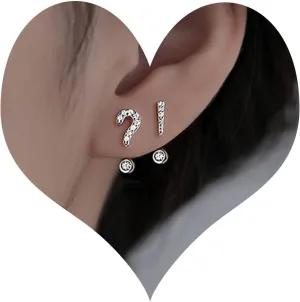 Asymmetric Stud Earrings Cubic Zirconia Symbol Front Back Earrings Tiny CZ Diamond Question Mark Exclamation Mark Mismatched Earrings Jewelry for Women