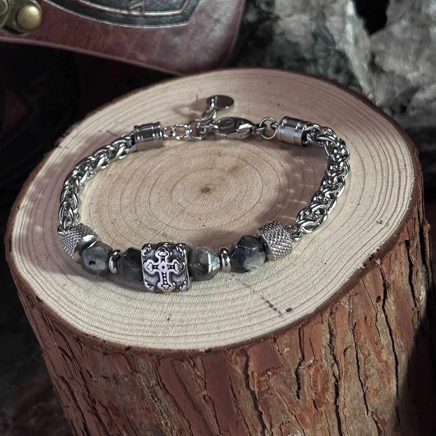 bahamut Stainless Steel Beaded Cross Bracelet for Men Bead Cross Bracelets Unisex,Faith Religious Jewelry