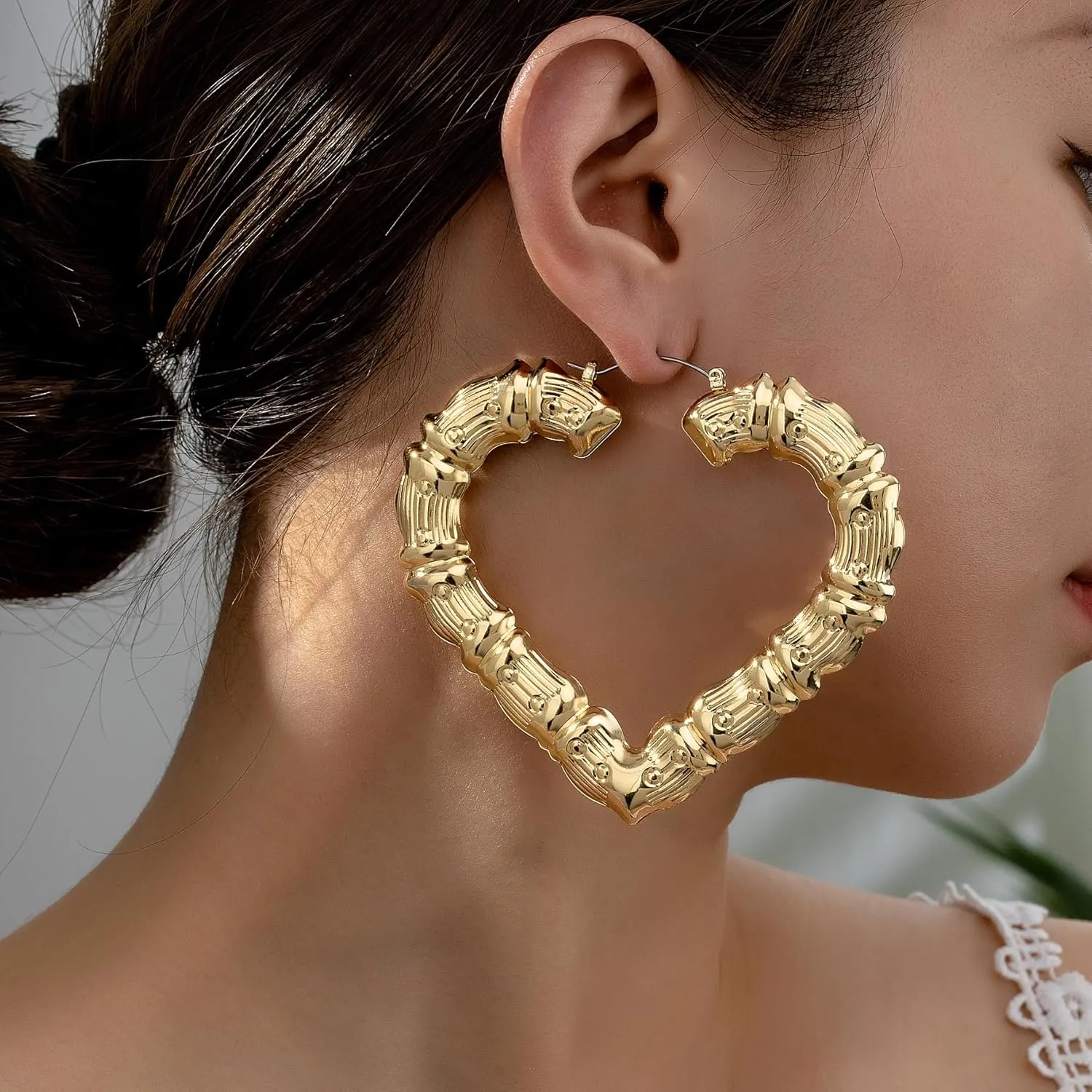 Bamboo Earrings for Women 90s Gold Bamboo Hoop Earrings Large Gold Hoop Earrings Heart Bamboo Earrings Oversized Outfits for Women Hip Hop Jewelry