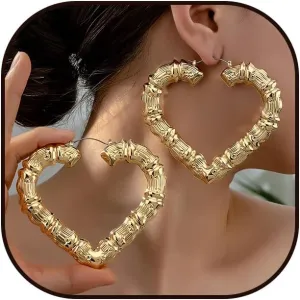 Bamboo Earrings for Women 90s Gold Bamboo Hoop Earrings Large Gold Hoop Earrings Heart Bamboo Earrings Oversized Outfits for Women Hip Hop Jewelry